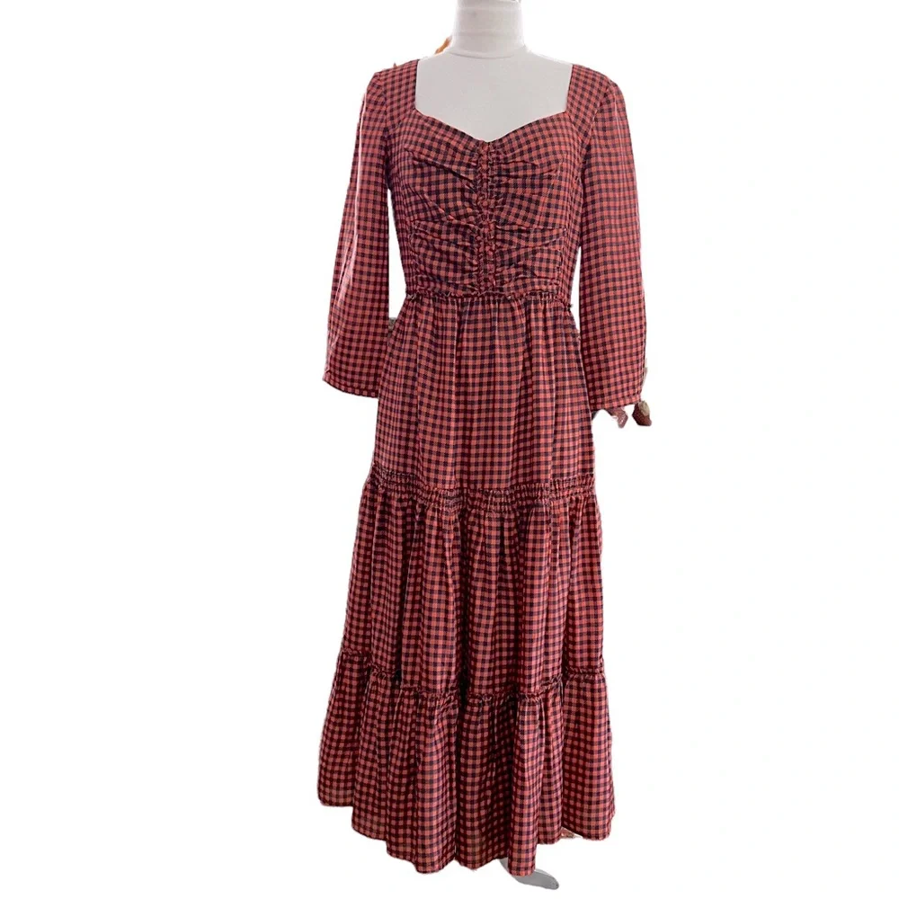 SEA NEW YORK Tiered Orange Black Plaid Dress Silk Size 4 Excellent Pre-Owned